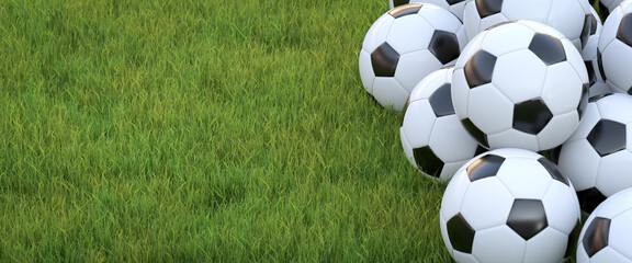 Several classic soccer balls on a lawn. 3d render. Copy space, web banner format.