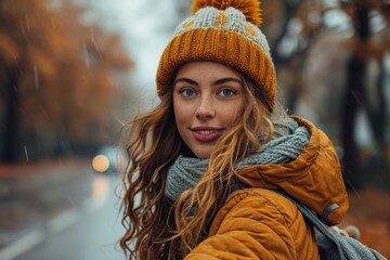 A portrait of a smiling woman with freckles wearing a yellow beanie and scarf in a rainy autumn setting