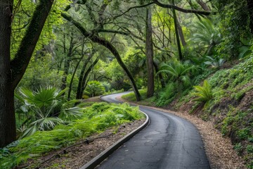 A winding road snaking through dense green trees in a lush forest, A scenic biking trail winding through a lush forest