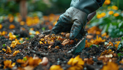 A closeup of gloved hands tending to an autumn garden, with colorful leaves. Created with Ai