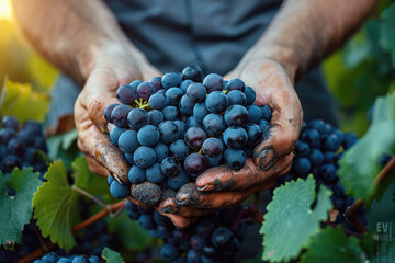 A closeup of hands holding blue grapes, with rows behind them filled with more grape vines. Created...