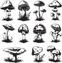 Mushrooms icon set black silhouettes 