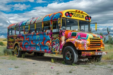 A vibrant graffiti-covered school bus is parked on the side of the road, A school bus covered in...