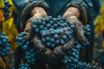 A close-up shot of hands holding purple grapes, surrounded by rows of grapevines in an orchard...