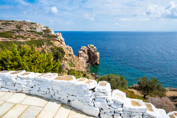 Rocks on coastal path with stone steps to Panagia bay near Kastro village, Sifnos island, Greece