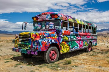 A school bus stands in the desert, completely covered in colorful graffiti art, creating a stark...