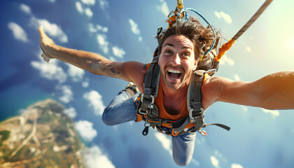 Man's thrill bungee jumping from hot-air balloon captures excitement, adventure, and adrenaline. With joyful expression, he embraces freefalling, embodying bravery, fearlessness in daring activity