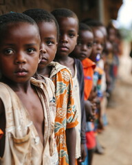 Children lining up to receive vaccination or medical care. International Day of the African Child. Healthcare Challenges, diverse community poster, happy childhood concept.