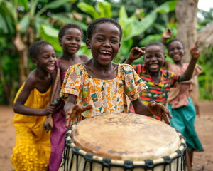 Children celebrating with laughter and joy, dancing and singing around a traditional drum. International Day of the African Child. ?ultural presentations, diverse community poster.