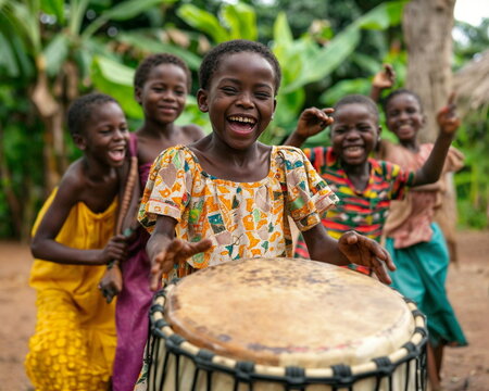 Children celebrating with laughter and joy, dancing and singing around a traditional drum. International Day of the African Child. ?ultural presentations, diverse community poster.