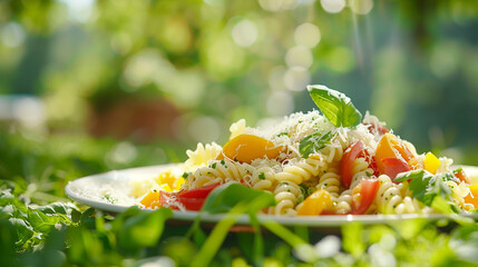 Fresh Primavera Pasta Dish with Basil and Sunlit Garden Background