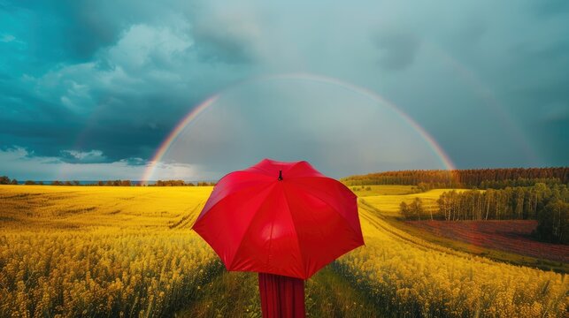 a solitary red umbrella stands amidst a golden rapeseed field, framed by a radiant rainbow against a backdrop of lush forests and a clear blue sky on a sunny summer day.