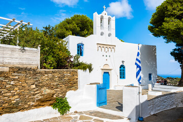Beautiful white Greek church in Artemonas village, Sifnos island, Greece