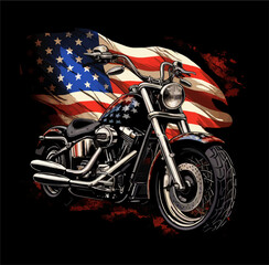 Vector design for t-shirt. 
Biker motorcycle
with american flag on black background. 
Fashionable print for fabric, paper, men clothing,
hoodie, biker jacket.