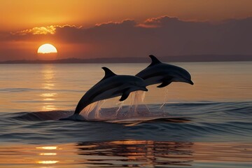 Dolphins at sunset. Two dolphins swimming in sunset
