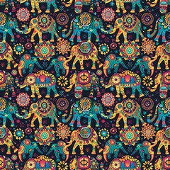ethnic tribal abstrac flowers, Elephants, geometric ethnic patterns, many colors, native circles, stars. fabric patterns, seamless, handicrafts, background