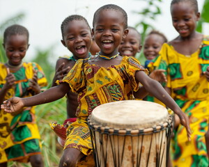 Children celebrating with laughter and joy, dancing and singing around a traditional drum. International Day of the African Child. ?ultural presentations, diverse community poster.