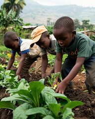 Children working together in a community garden, agriculture and sustainability. International Day of the African Child. Diverse community poster, Eco concept, Child Labor problem.
