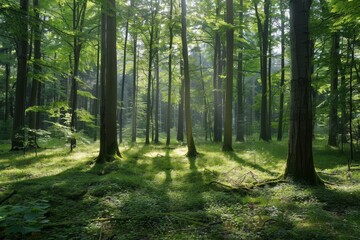 Obraz premium Sunlight streaming through a lush green forest, highlighting the tranquility of nature