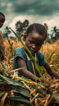 Children working in rural areas, helping family in the fields. International Day of the African Child. Diverse community poster, Ecology concept, Child Labor problem.