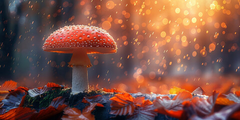 mushrooms growing on forest floor and fallen leaves