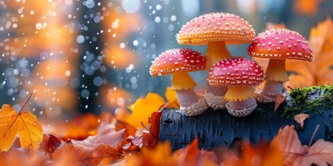 mushrooms growing on forest floor and fallen leaves