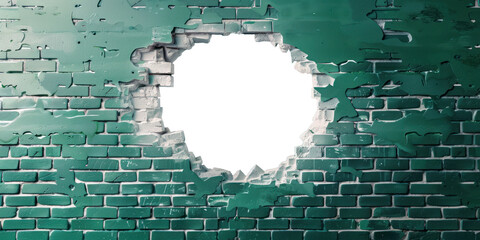 Green brick masonry with transparent round hole, wall breakthrough, frame, PNG
