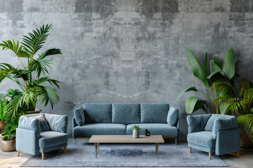 Modern interior, gray concrete wall background with blue sofa and plants. Minimalist home decor. Created with Ai - Powered by Adobe