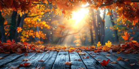 Abstract autumn nature background, with leaves, glowing sun and warm seasonal colors