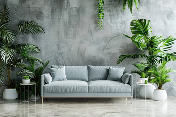 Modern gray sofa against concrete wall with tropical plants in white pots. Created with Ai