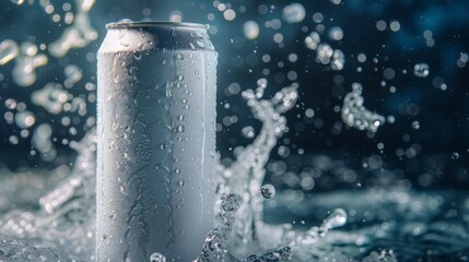 An advertising photo of a can of soft drink floating in space with blueberries.