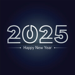 Happy new year 2025. White paper numbers with golden Christmas decoration and confetti on dark blue background. Holiday greeting card design.