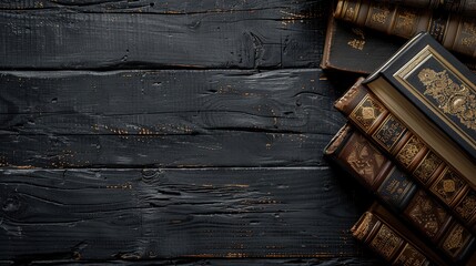 The background of books. On a black wooden background. Top view. Free space for your text, Generative Ai