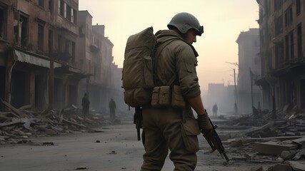 Fototapeta premium Lone soldier walking in destroyed city