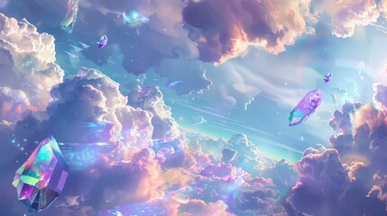 Cosmic sky with surreal floating geometric shapes, iridescent clouds, dreamy and abstract realistic