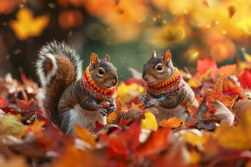 Obraz premium Autumnal Charm: Squirrels in Sweaters Collecting Acorns Amidst Vibrant Fall Leaves
