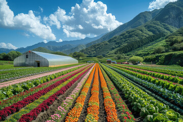 Fototapeta na wymiar photograph of A panoramic view of an organic vegetable farm with colorful flowers and green vegetables growing in rows. Created with Ai