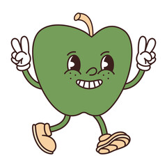 Retro groovy funny character green apple. Naughty fruit is smilling. Vector flat illustration isolated on white background.