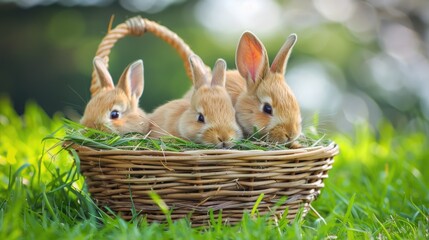 two adorable baby rabbits sit nestled in a cozy basket, against a backdrop of lush green grass.