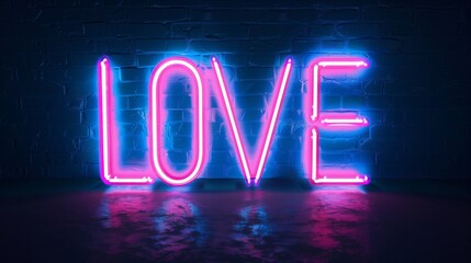 The word "LOVE" written in blue neon light on black background, the text is glowing and glows with soft pink glow. 