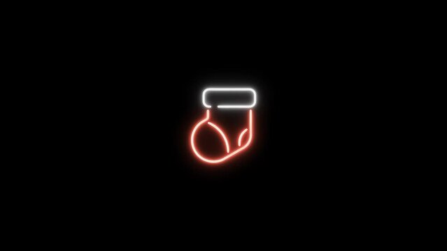 Neon sign in sock shape motion graphic with alpha channel. Colored winter sock neon light turn on and turn off isolated icon animated on transparent background.