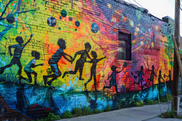 Vibrant Urban Soccer Mural Depicting Children Playing in a Colorful Alley