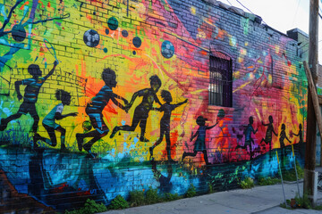 Obraz premium Vibrant Urban Soccer Mural Depicting Children Playing in a Colorful Alley