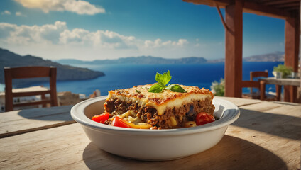 Moussaka on the table against the background of the sea