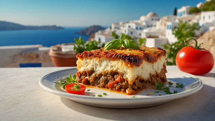 Moussaka  traditional  the table against the background of the sea