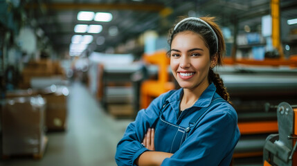 Smiling Hispanic female factory worker posing looking at the camera. 
