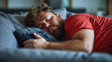 Lazy Day Oversized Fat Man Sleeping on the Couch Sofa Wearing a Red T-Shirt