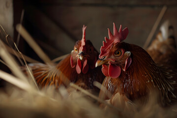 Chickens sitting on on eggs amidst hay in barn on farm. Hens laying eggs inside wooden coop. Agriculture industry and livestock husbandry. Design for banner, poster with copy space