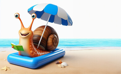 Illustration of cute snail character sitting on air mattress at the beach. Concept of summer, holidays, slow movement