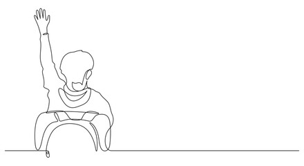 back of school children boy raising hand in classroom